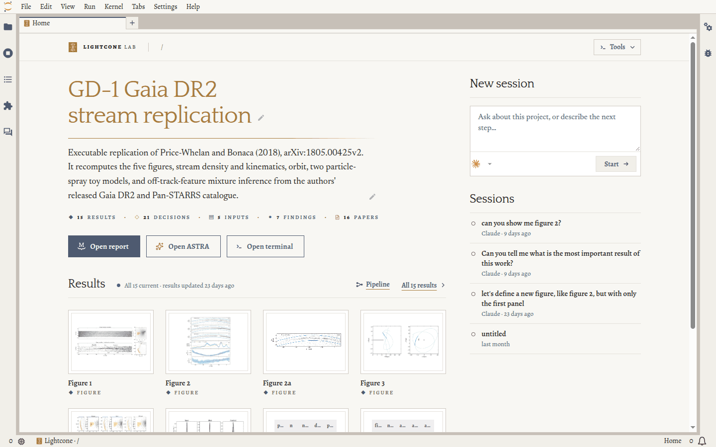 Lightcone Lab's Home for a reproduction of the GD-1 stream analysis: the project's title and description, counts of its results, decisions, inputs, findings and papers, a grid of its figures, and a panel of agent sessions.